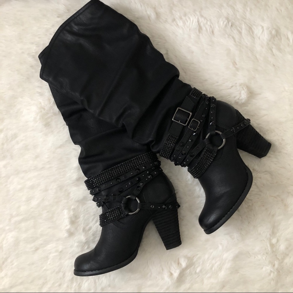 Tall Ruched Boots with Buckles and studs